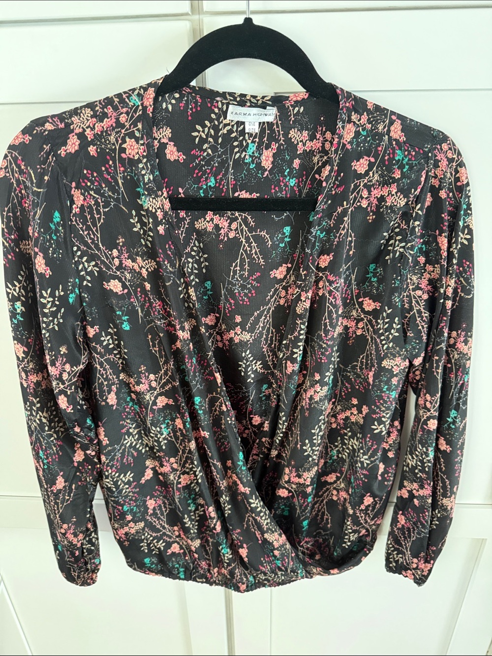 Sabrina & Me Black Floral Wrap Blouse with Pink & Teal Sprigs